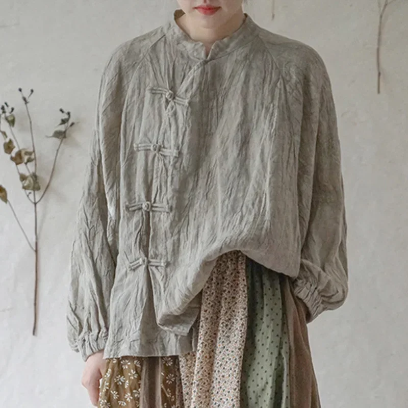 Women Vintage Loose Shirt Wrinkled Linen Stand Long Sleeve Button Solid Color 2024 Autumn New Chinese Style Blouse