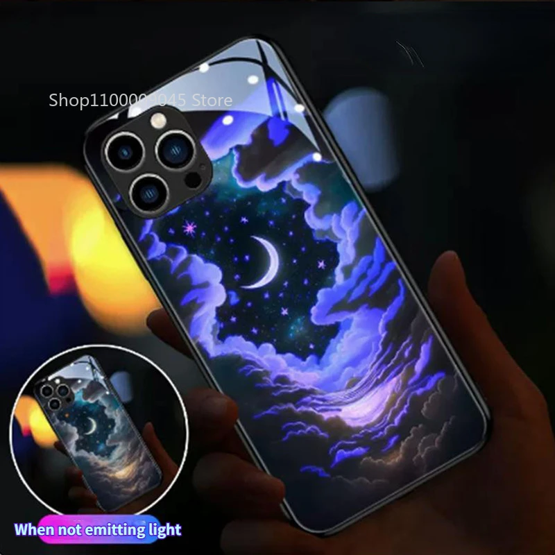 

Colorful Sky LED Light Glowing Luminous Tempered Glass Back Phone Case For iPhone 15 14 13 12 11 Pro Max X XR XS 7 8 plus mini