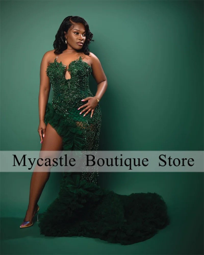 Aso Ebi Emerald Green Customized Prom Dress For Black Girls 2024 Sequin Rhinestone Beaded High Slit Ruffles Wedding Party Gowns