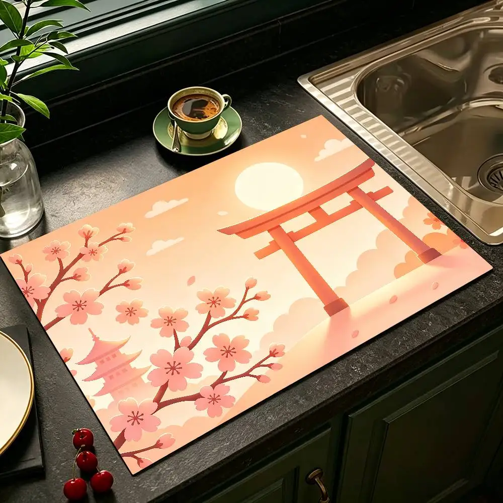 Cool Japanese Style Torii Five Tower Draining Mat Kitchen Countertop Protection Mat Mat Super Absorbent Anti Slip Coffee Mat