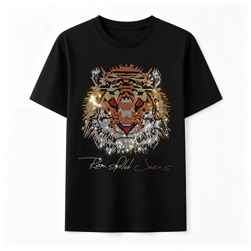 High-quality women's cotton crew neck short-sleeve with rhinestone tiger head design, unisex
