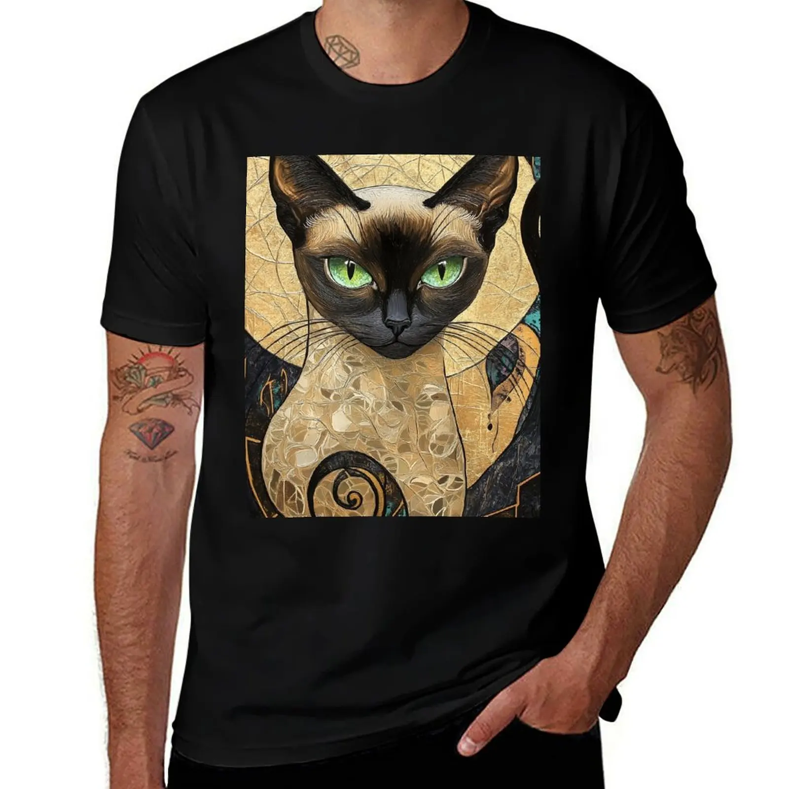 whimsical siamese Klimt cat T-Shirt Long Lasting Casual T-Shirt