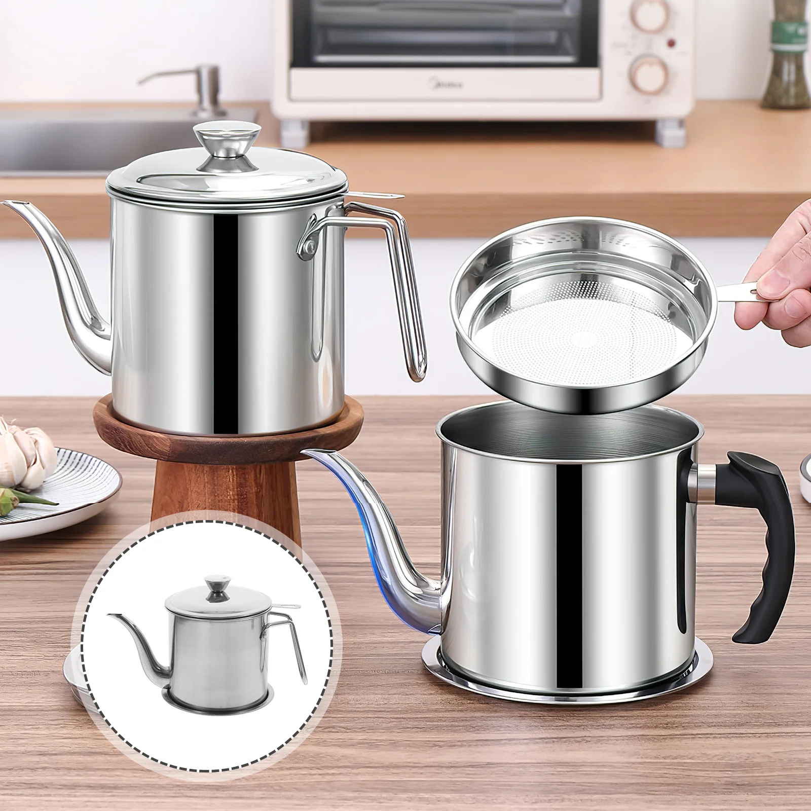 

1Set Stainless Steel Grease Container with Arc Spout Filterable Oil Pot for Kitchen Cooking Oil Dispenser Bacon Grease Strainer