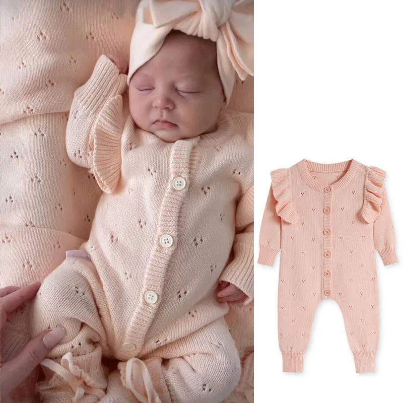 

2025 New Autumn 0-24M Baby Girl Clothing Infant Baby Girls Jumpsuit Long Sleeved Solid Color Knitted Toddler Baby Girl Romper