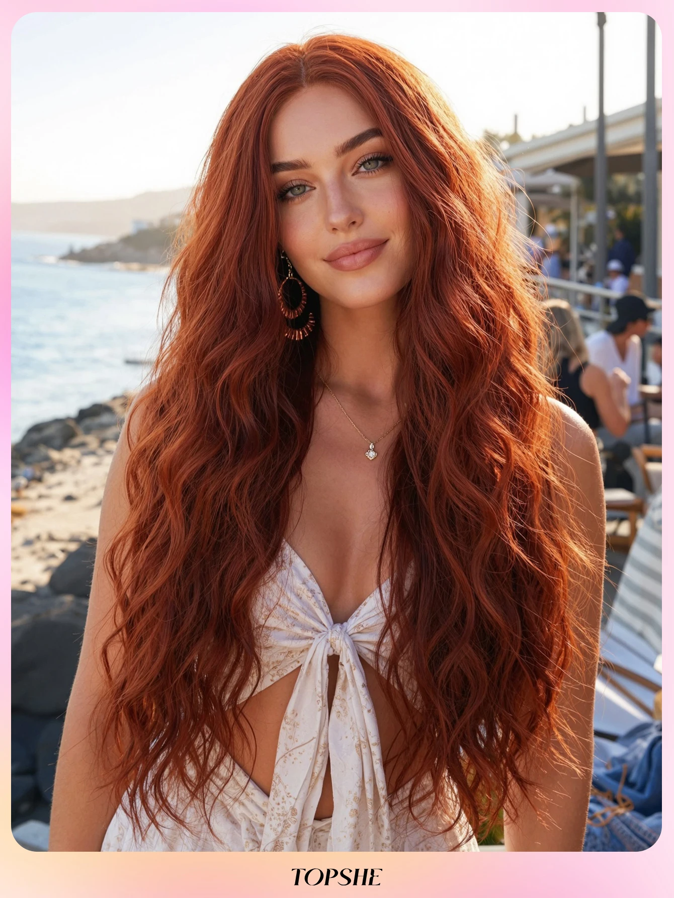 TopShe 28 inch Long Wave Wig Auburn Synthetic Wig for Woman Ginger Red Heat Resistant Fiber Rust Red Curly Wig for Girls Middle Part Style Suitable for Halloween Cosplay Costume Party