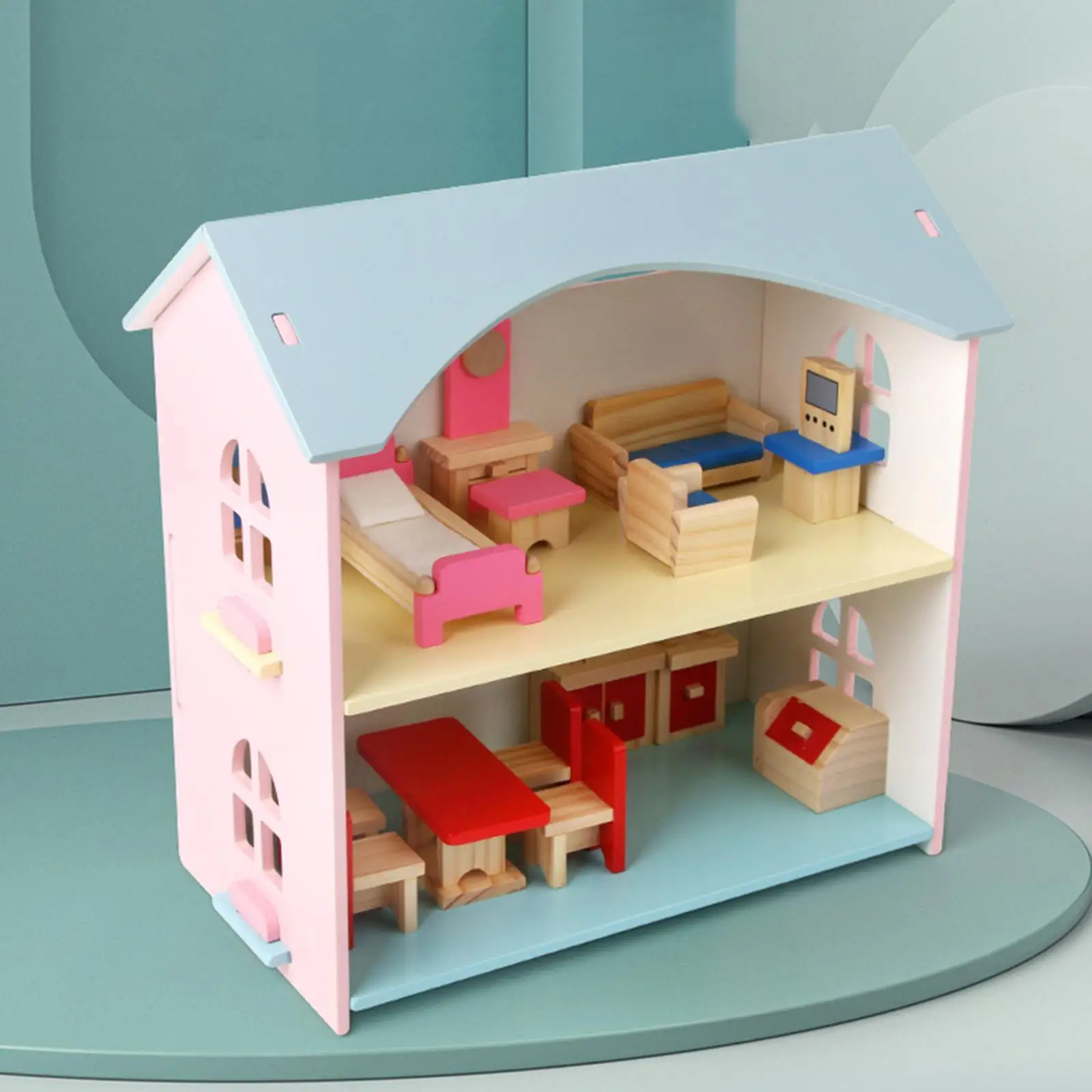 Casa delle bambole in legno con mobili e accessori per bambini dai 3 anni in su