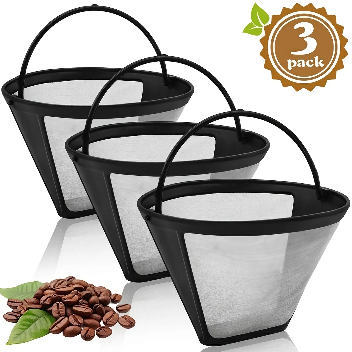 3Pack Reusable Coffee Filter Basket, No.4 Cone Coffee Maker Filters, Fit for Ninja and Cuisinart Coffee Maker Machines