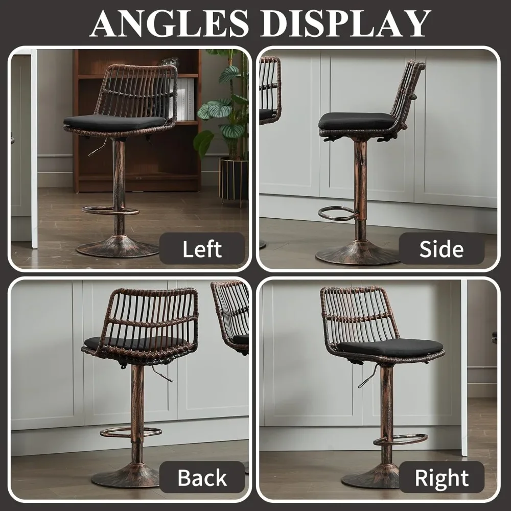 Rattan Bar Stool Set Of 2, Linen Upholstered Barstool With Backrest, Swivel Bar Chair With Footrest, Dining Bar Stool With Round