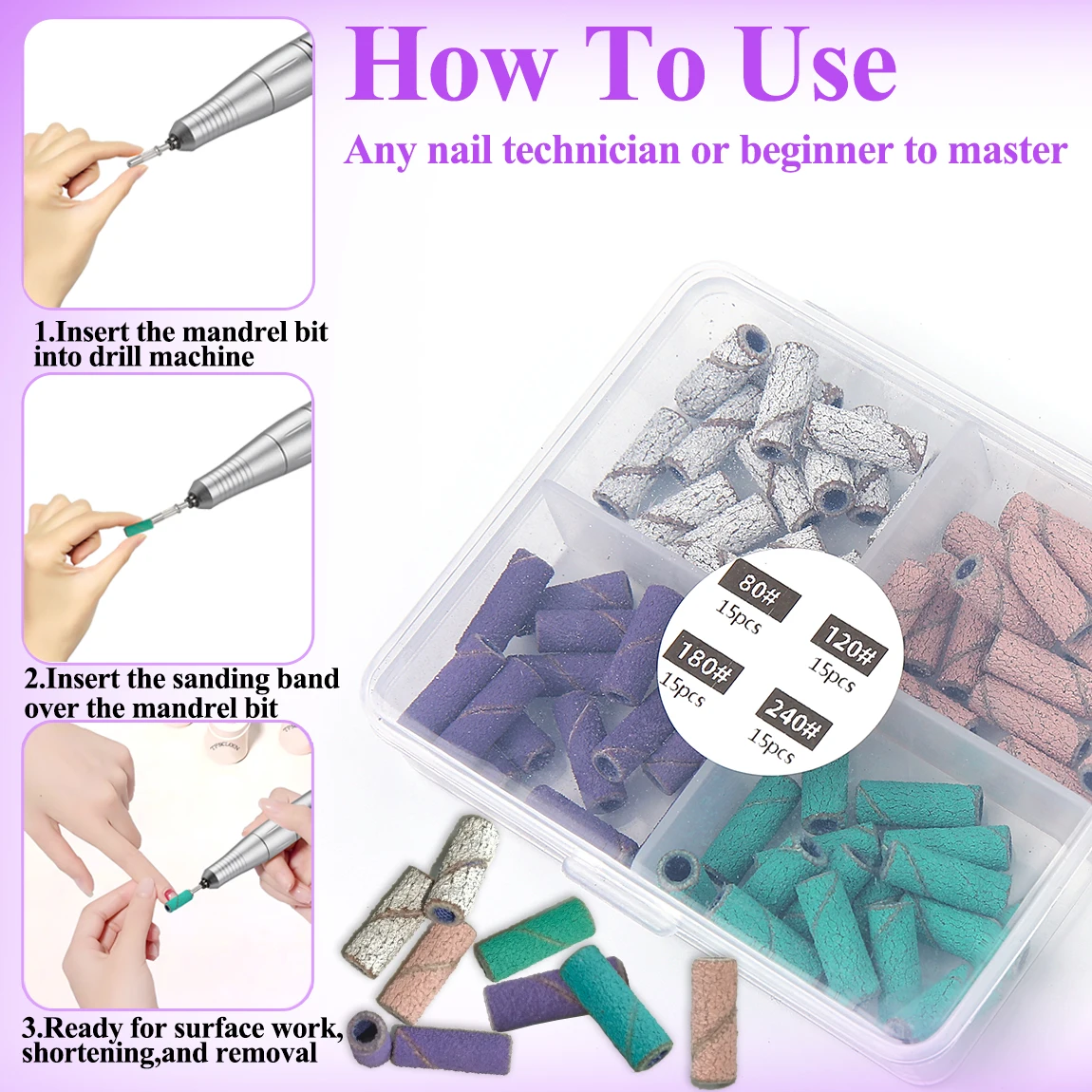 60 ชิ้น/กล่อง 3 มม.ขนาดเล็ก Mini เล็บ Sanding Bands ชุด 1 ชิ้นเพลาโลหะสําหรับอะคริลิคและเจลกําจัด 80 # 120 # 180 # 240 #