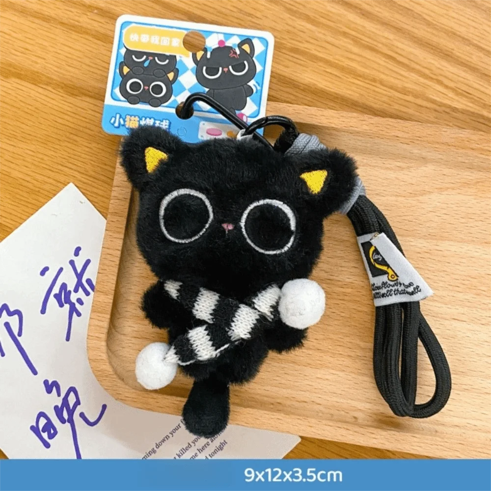 New Sleepy Black Cat Keychain Stripe Scarf Car Key Ring Soft Bag Pendant Gifts