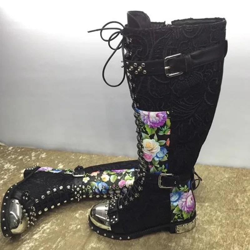 

Genuine Leather Belt Buckle Strap Studded Flat Ridding Boots Metal Round Toe Lace Up Rivets Women Winter Tall Boots Black Lace