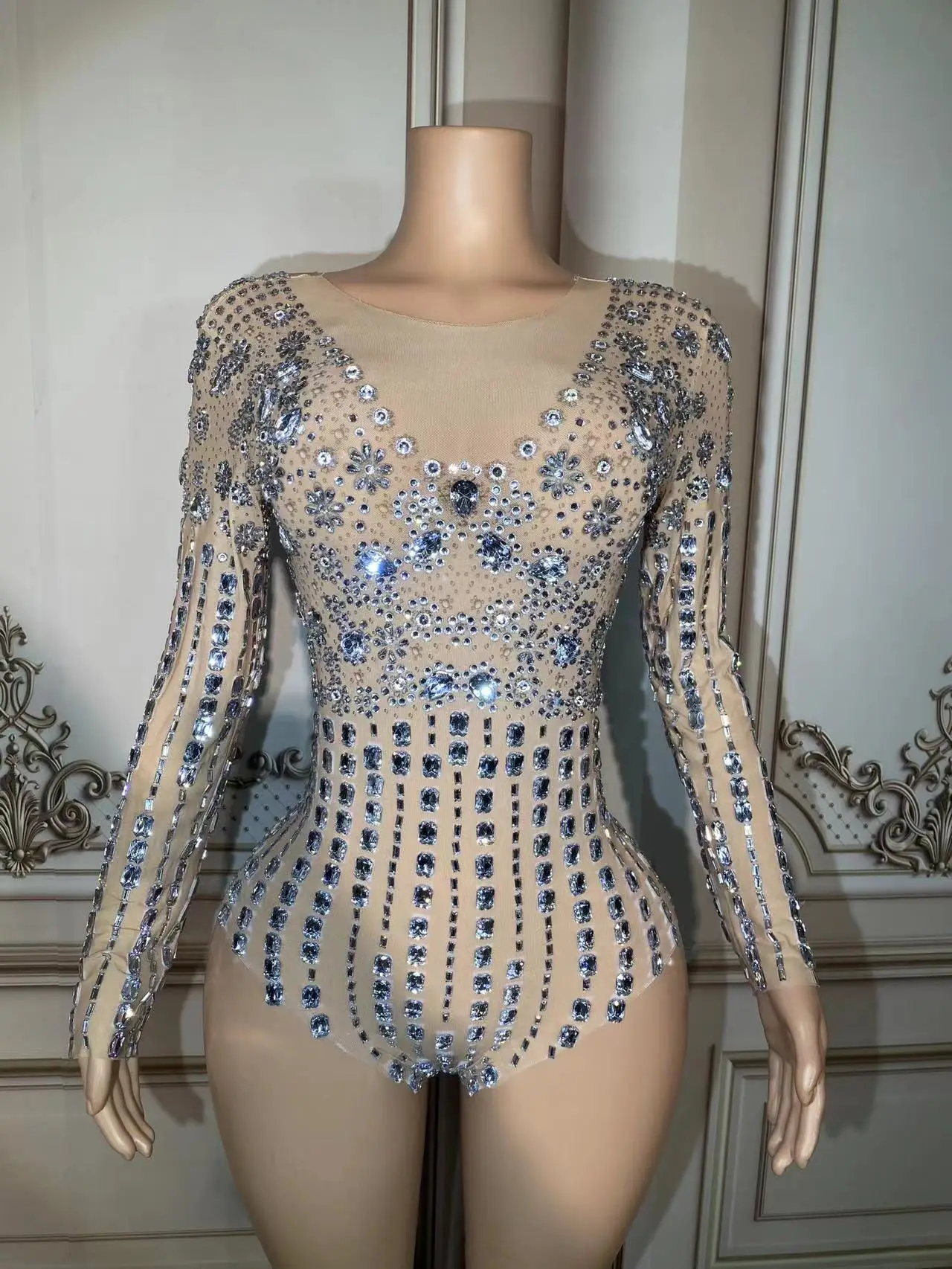 

Women Sexy Stage Rhinstones Evening Celebrate Birthday Club Singer Dancer Performance Transparent Mesh Host Jumpsuit