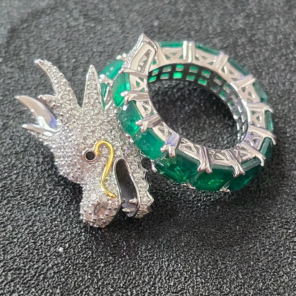 ARIGAYA Luxury 925 Sterling Silver With Square Green Stones Lab Emerald High Carbon Diamond Dragon Rings Women Fine Jewelry New