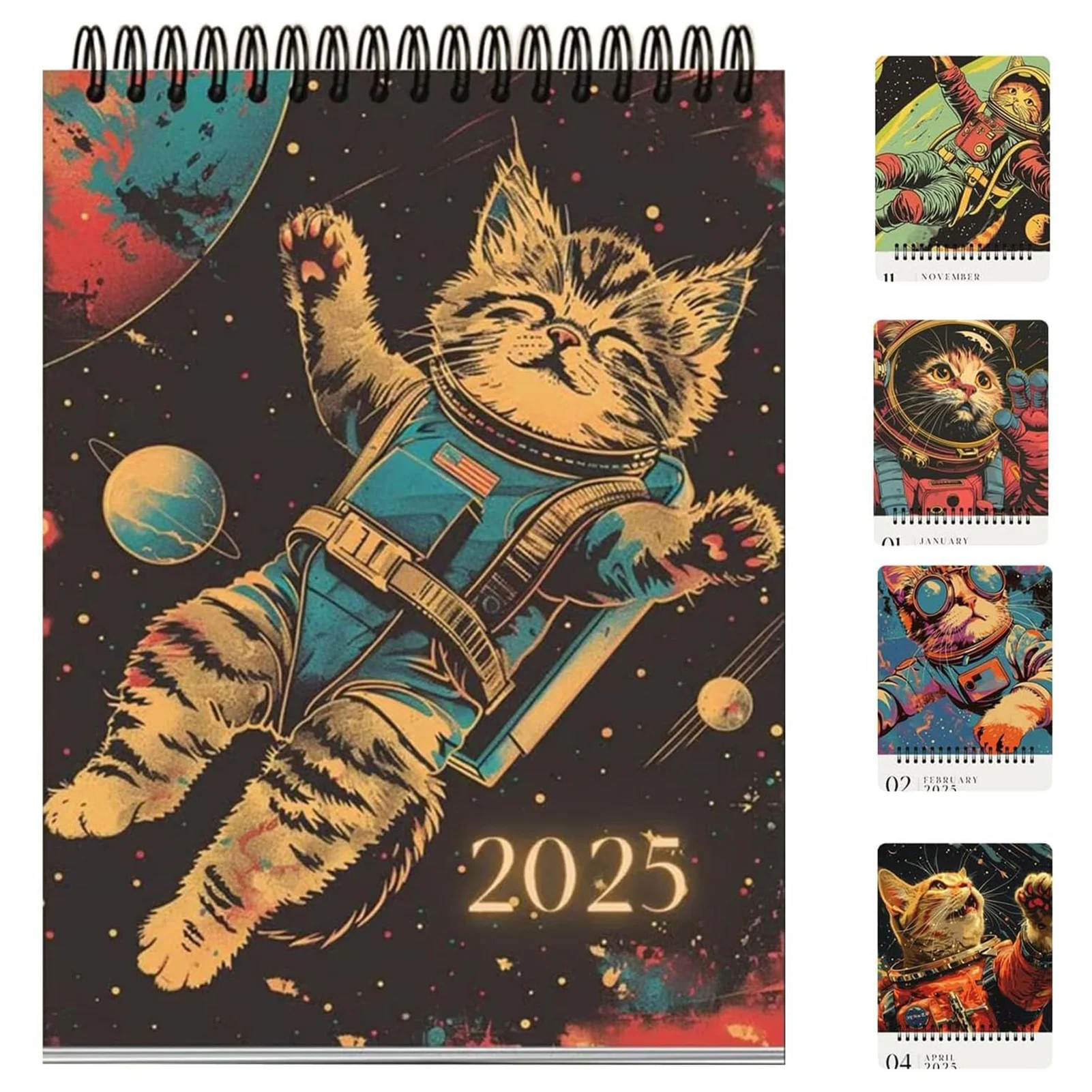 2025 Space Cats Theme Wall Calendar Funny Annual Monthly Wall Planner for Study Bedroom Office Decoration