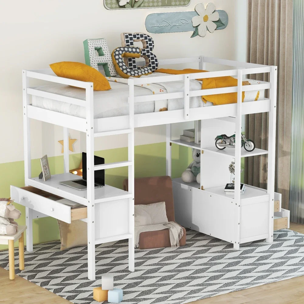 Children Beds Full Size Loft Bed with Built Desk with Two Drawers,Storage Shelves and Drawers,Gray Bunk Beds for Kids Twin Beds