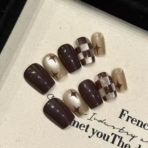 Handmade Press on Nails Retro Brown Grid Cat Eye False Nail Tips for Women Wearable Autumn Winter Short Square Head Fake Nails