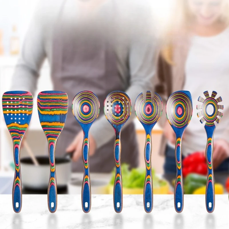 

7pcs Utensils Set Durable Wooden Spoon for Cooking Kitchen Utensils Set for Cooking Wooden Kitchen Tools Colorful Spatula Spoon