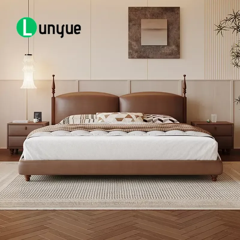 Medieval Leather Bed Brown Upholstered Headboard Classic Design Timeless Interior Style Durable Frame Comfortable Sleeping