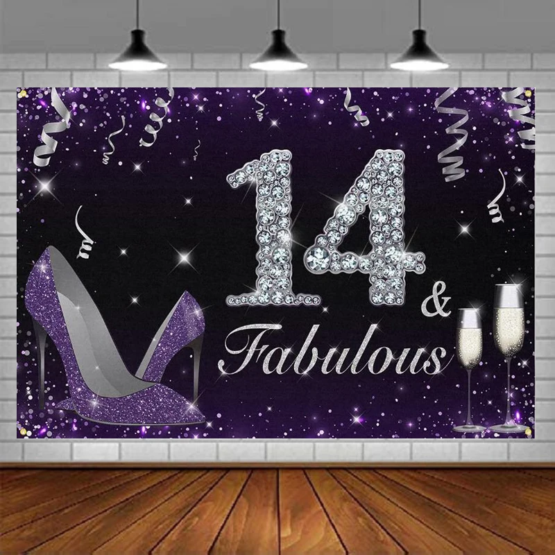 

Photography Backdrop Happy 14th Birthday Banner Fabulous Heels Background Decorations Party Supplies For Girls - Purple