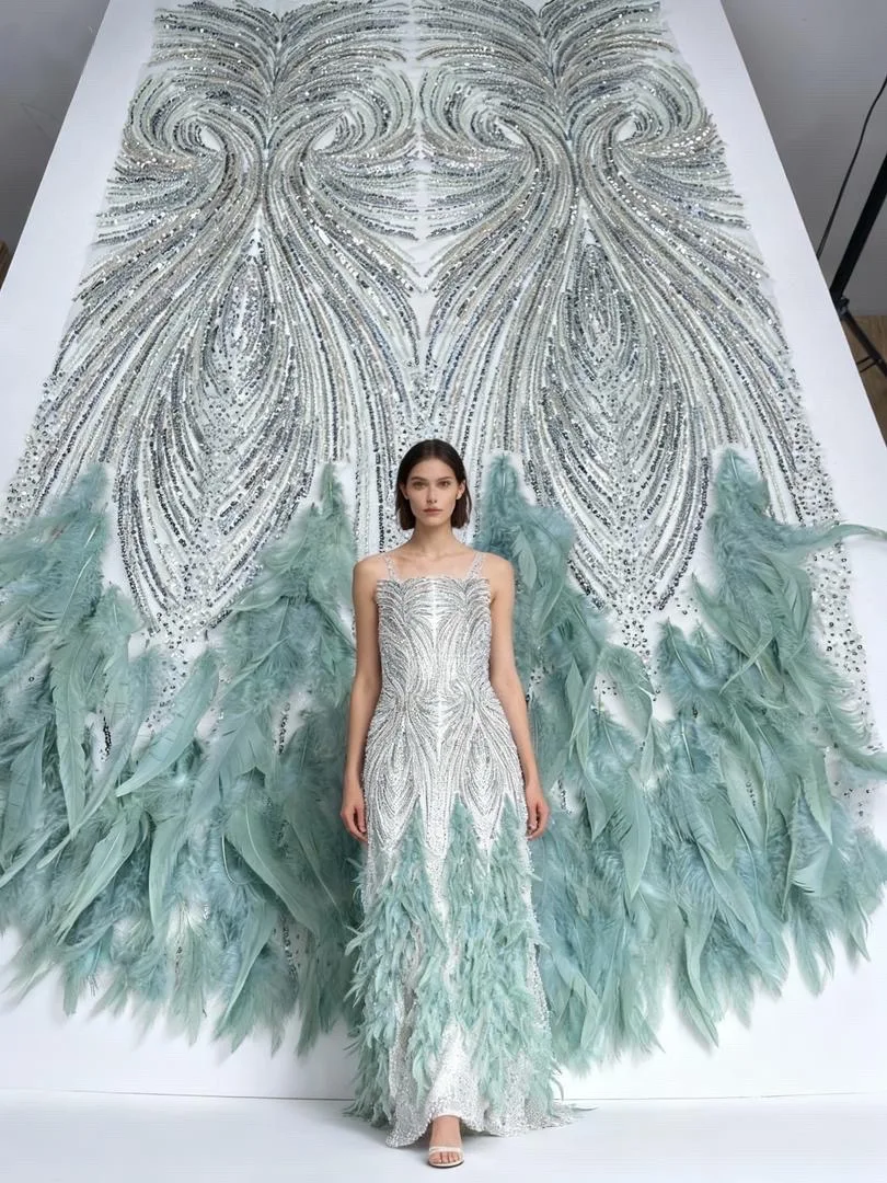 

Роскошная африканская 3D кружевная ткань с перьями, 2024, высокое качество, французский нигерийский тюль, вышивка бисером, кружевная ткань с блестками, шитье платья