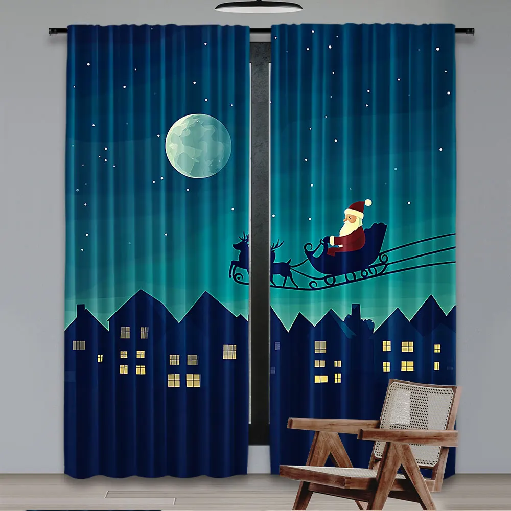 2Pcs Christmas Village Curtains Blue Full Moon Night Flying Reindeer Pulled Santa Claus'S Sleigh Suitable For Bedroom Living