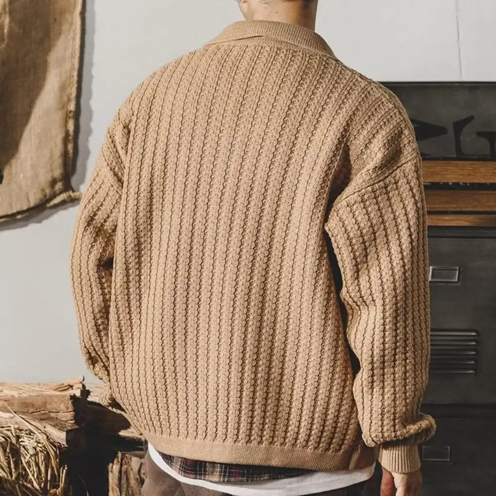 Vintage-Stil-Pullover für Herren, dicker Strickpullover, Mantel mit Umlegekragen, Brusttasche, einfarbig, lange Ärmel für den Alltag