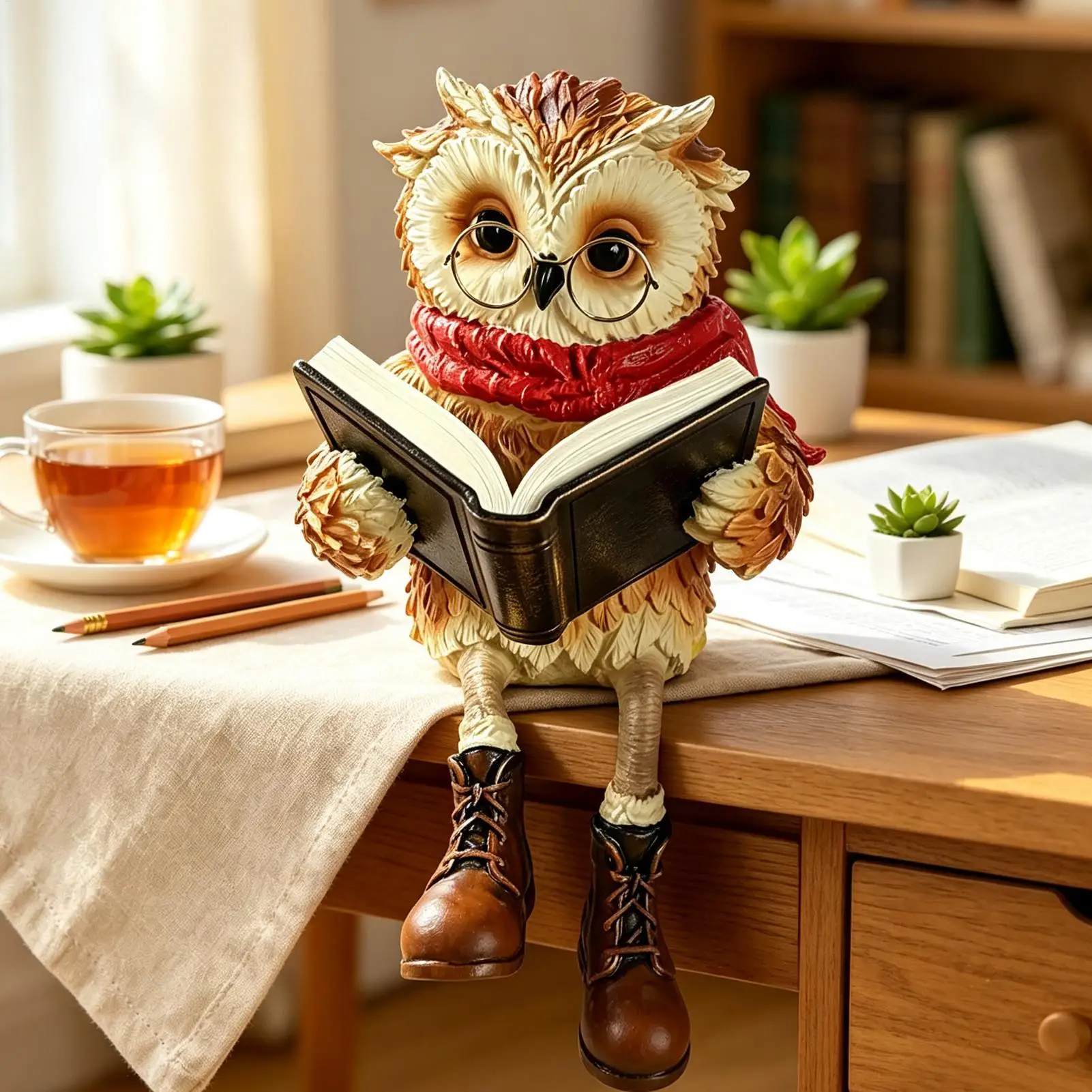 Reading Owl Figurine Creative Owl Statue with Glasses Scarf Boots And Open Book, Reading Owl Sculpture for Book Nook Shelf Decor