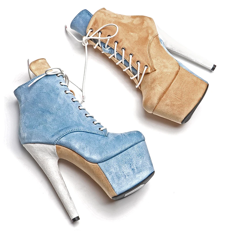 Leecabe 17CM/7inches Suede  upper mix color Trendy fashion closed toe  High Heel platform stripper heel  Pole Dance boot