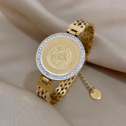 DODOHAO Stainless Steel Fashion Portrait Coin Wide Bracelets Bangles Exquisite 18K Gold Plated Women's Jewelry Cuff Bracelet