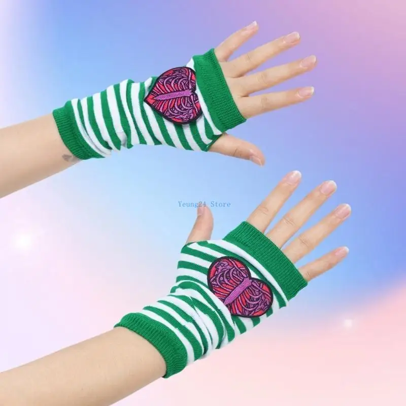P8DB Punk Fingerless Gloves Striped Sleeve Gothic Wrist Gloves Colorful Gloves