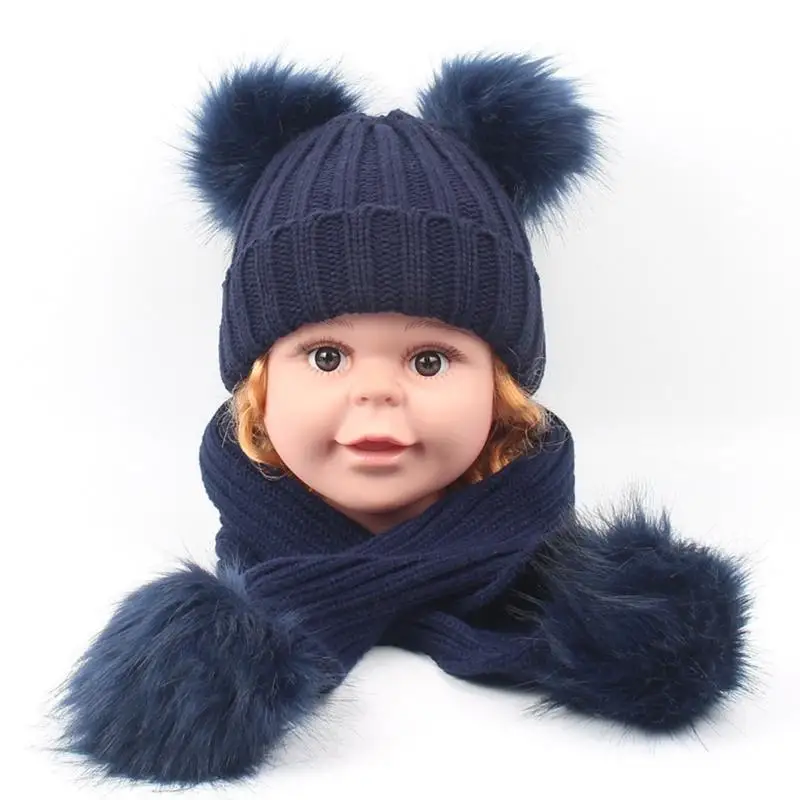 R1WE طفل أطفال شتاء دافئ مضلع قبعة متماسكة قبعة مع طقم أربطة عنق طويلة بلون لطيف مزدوج بوم بوم الأذن مكبل قبعة الجمجمة #5