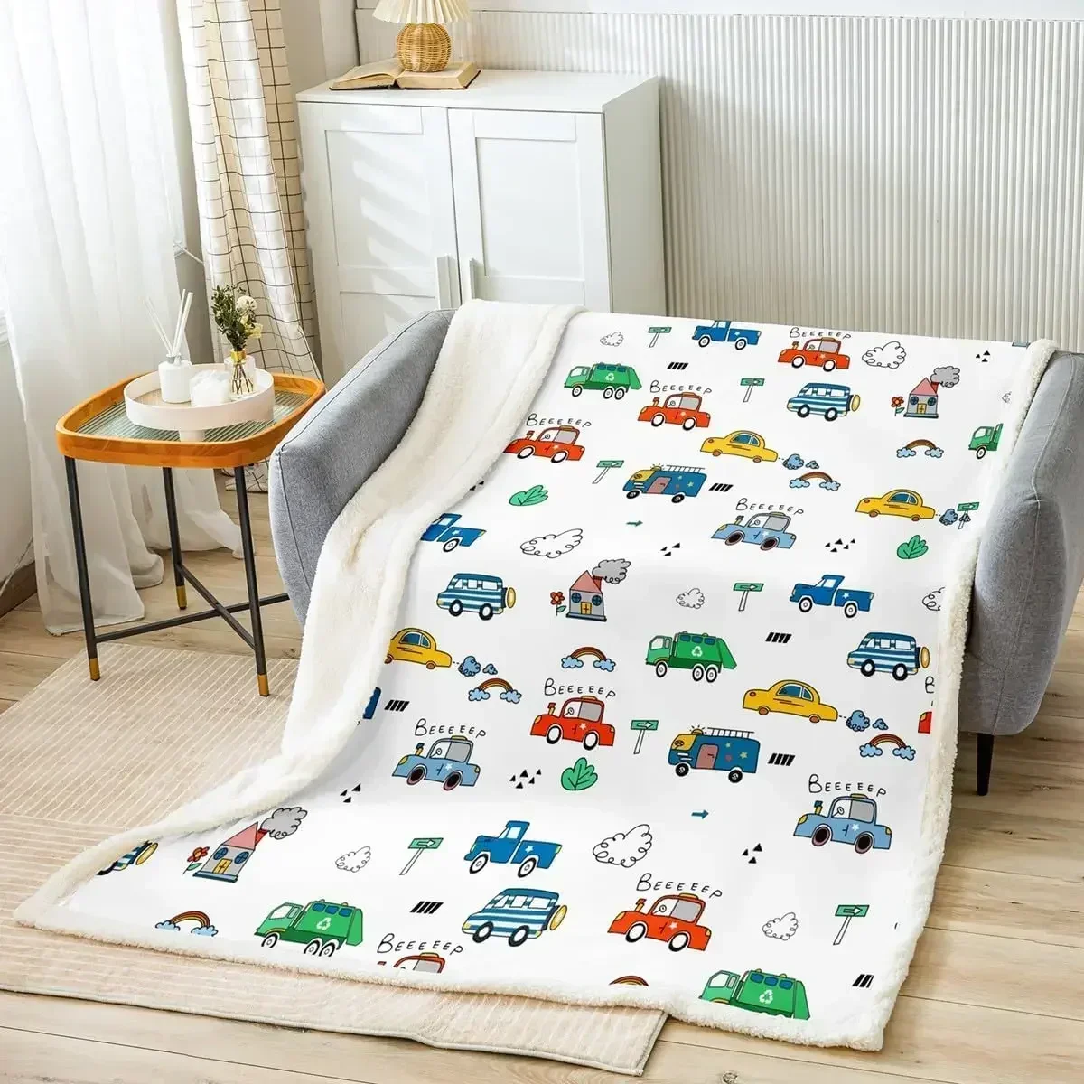 

Kids Car Sherpa Blanket Cars Bus Print Fleece Throw Carpet Cartoon Farm Tractor Plush Blanket for Kids Boys Girls Gifts
