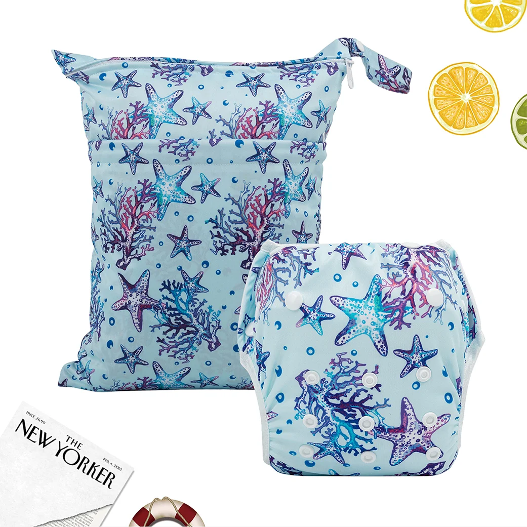 

(2pcs/set) ALVABABY 1pc Cloth Wet Dry Bag and 1pc Reusable Swim Diaper for Baby Under 1 year Old Fashion Design