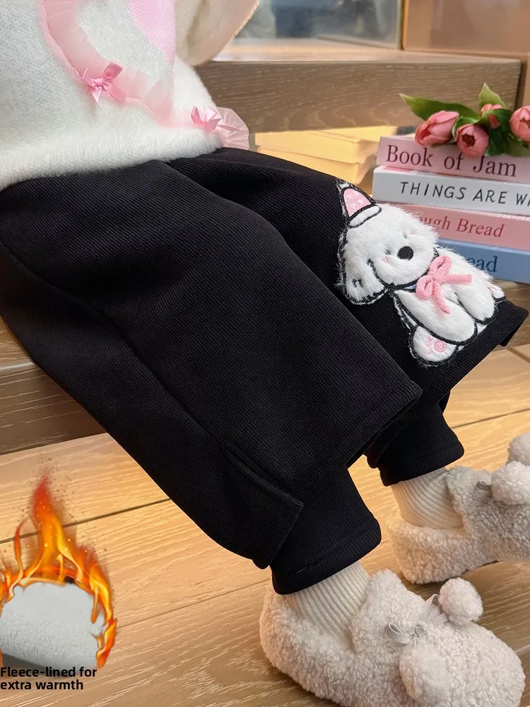 Calças largas forradas com fece para meninas, roupas de inverno, agasalhos de veludo de desenho animado, calças quentes e sli
