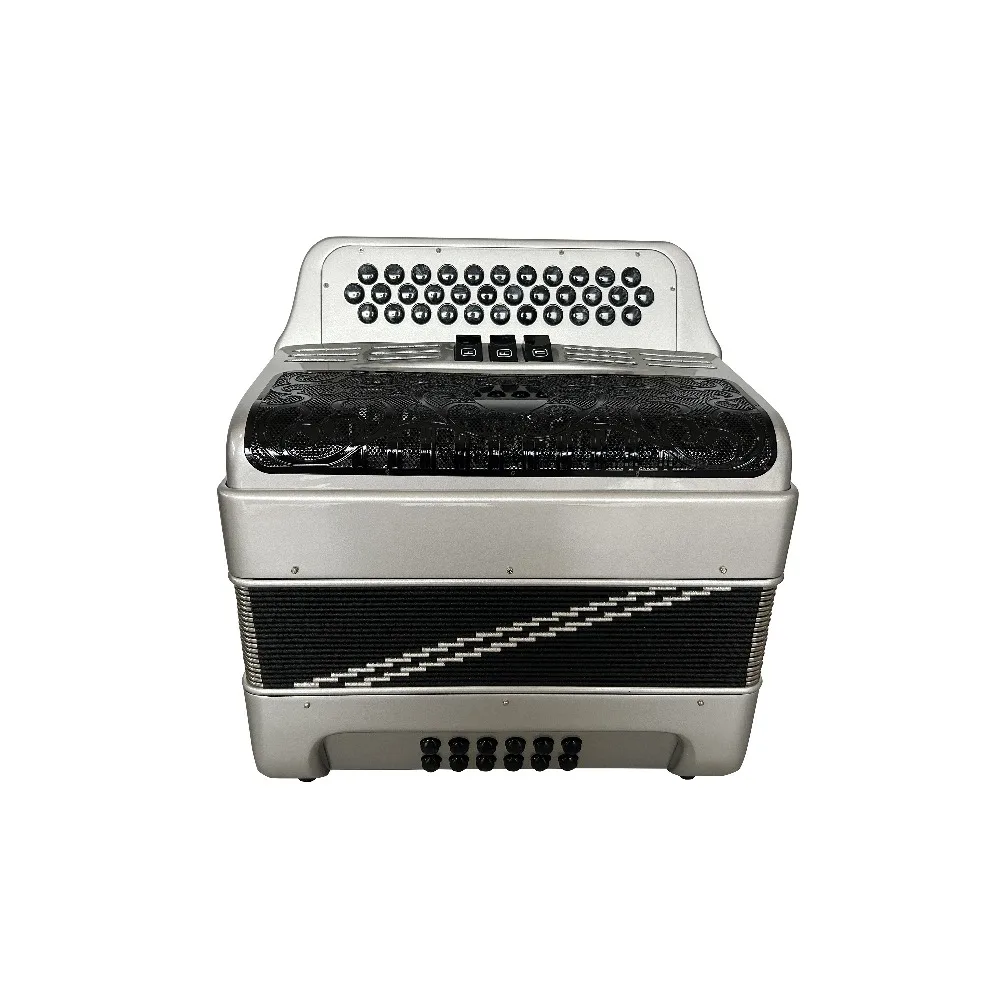 

Профессиональный диатонический музыкальный аккордеон JB3412C с 34 кнопками, 12 басами и 3 реестрами, серебристый, черный цвет, черные кнопки, гриль