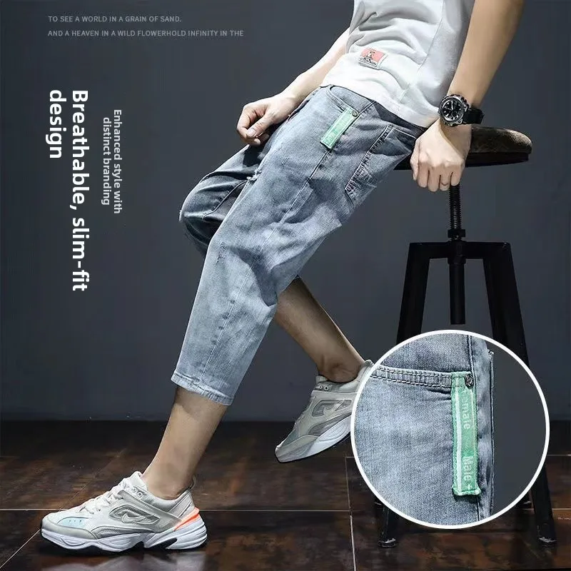 

Trendy Men's Slim Fit Denim Shorts Summer Thin Cotton Elastic Tear Hole Jeans Casual mid Waist Zipper Fly Youth Popular