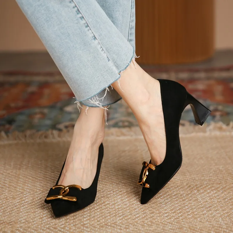 French style thick heel shoes for women 2024 Spring and Autumn new versatile pointed black high heels for women