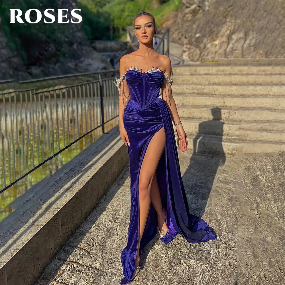 

ROSES Side Split Prom Dress Beading Celebrity Dress Tassel Off the Shoulder Women's Evening Dress Sweetheart Formal Gown 프롬 드레스