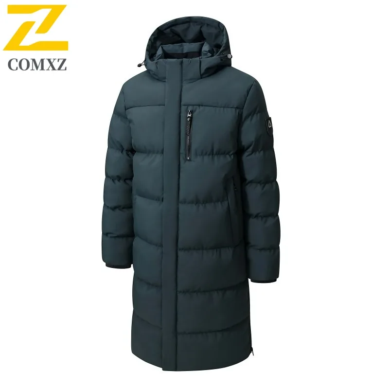 

COMXZ Мужская парка больших размеров средней длины с однотонным капюшоном в корейском стиле, свободное утолщенное хлопковое пальто, осенне-зимний плащ