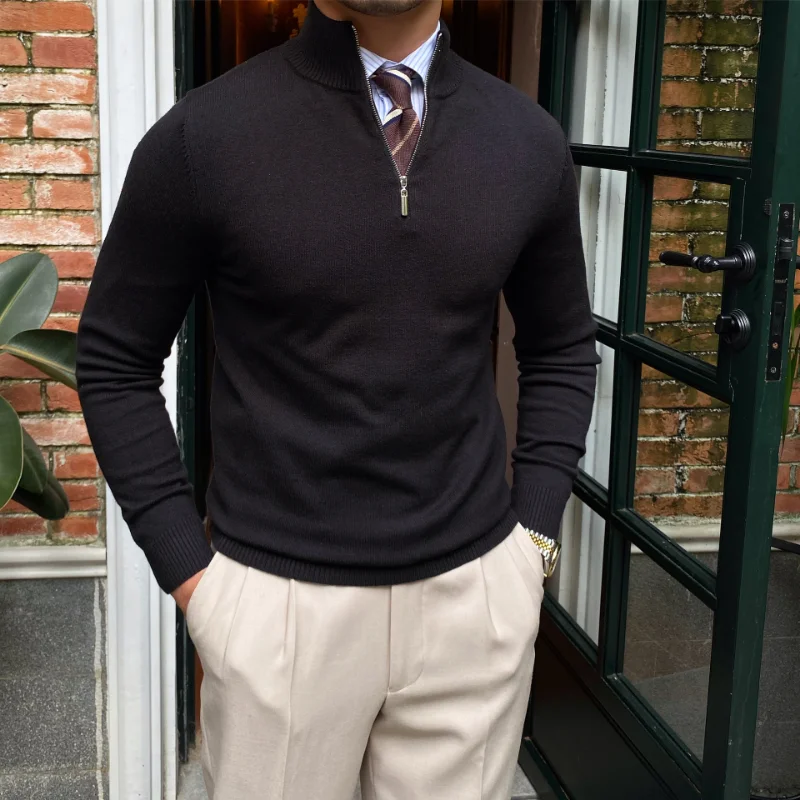 

Autumn and Winter Hot Men's Stand-up Collar Zipper Long-sleeved Sweater New Slim Pullover Base Sweater Outer Top