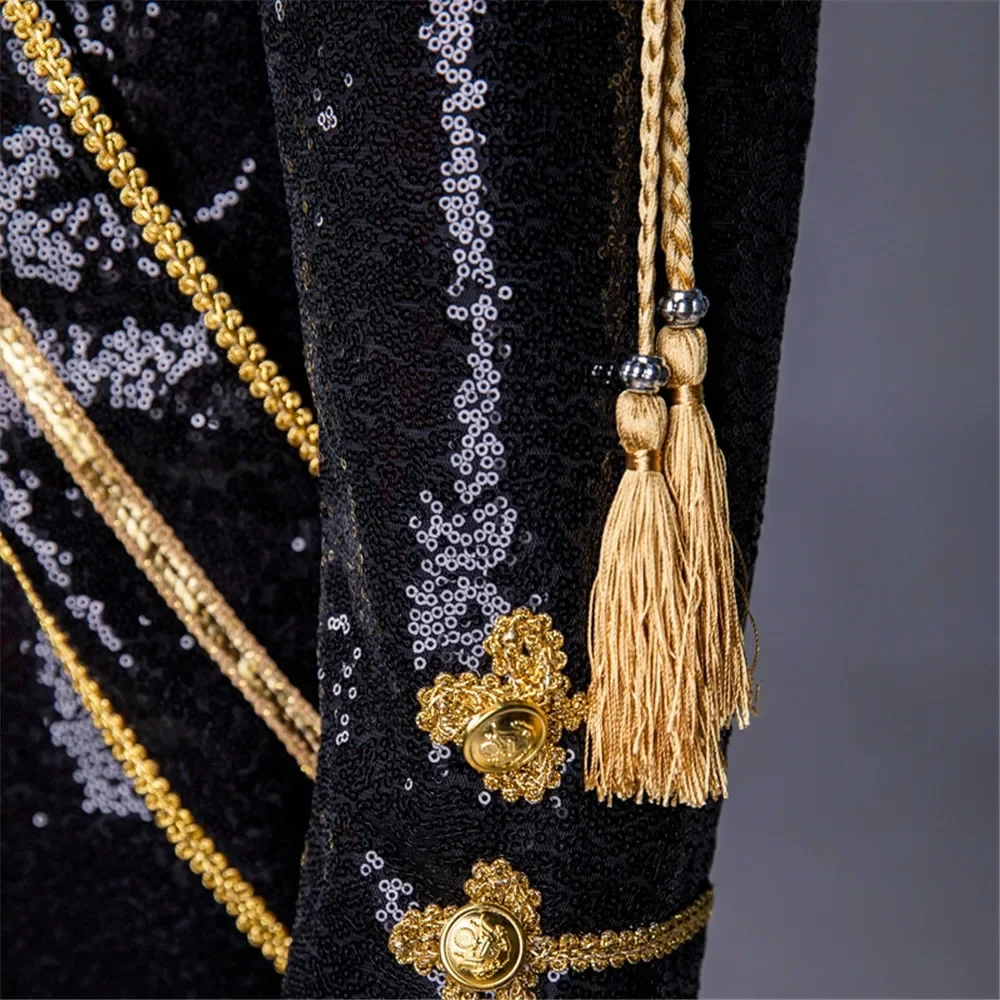 Men Sequin Uniform MJ Dance Wear Glitter Black White Vintage Michael Jackson Stage Jacket with Tassel