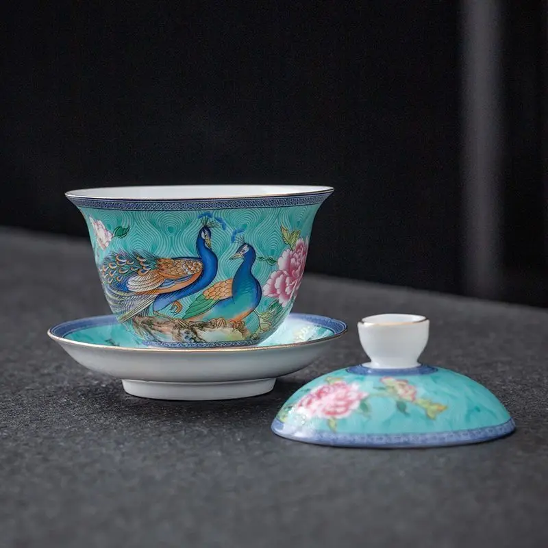 Exquisite Peacock-Enameled Tea Tureen Retro Flair, Premium Gaiwan for Home Tea Service, Ornate Craft Wows Every Guest