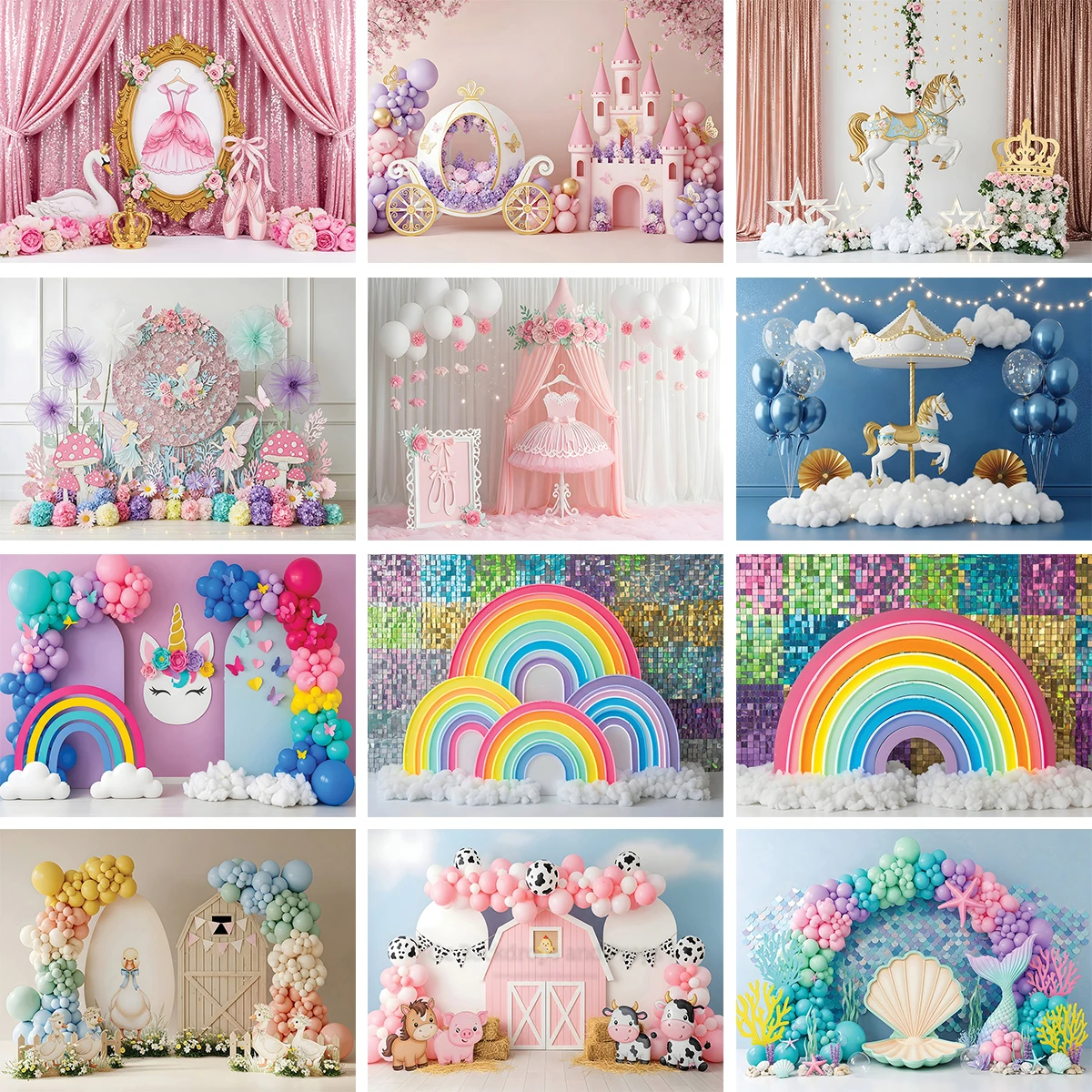 baloes-cisne-vestido-castelo-cenarios-criancas-bebe-menina-bolo-de-aniversario-quebra-aderecos-unicornio-arco-iris-baloes-florais-fundos