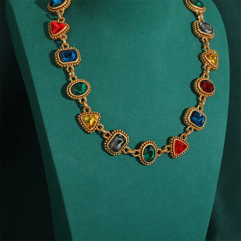Antique Jewelry Geometric Splicing Colorful Natural Stone Chokers Necklace for Women Vintage Skirt Collar Oval  Accessories New