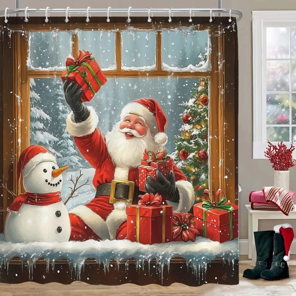

1pc Santa Claus Holiday Print Waterproof Shower Curtain Bathtub Partition Curtain with 12 Hooks Privacy Protection Easy Install