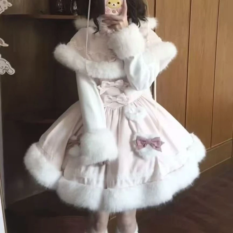 Japanese Sweet Lolita Style 2 Piece Set Women Kawai Bow Bunny Hooded Cloak Coat Pink Plush Party Mini Dress Korean Y2k Cute Suit image 6