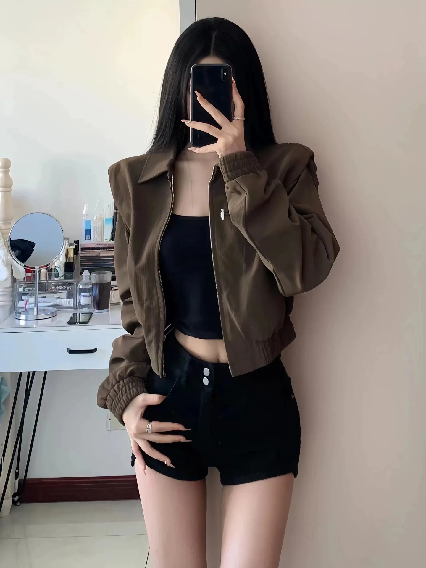 

Autumn New Arrival! Women's Brown American Retro Short Coat 2025 Style Perfect for Maillard Look Casual Jacket for Spring & Fall