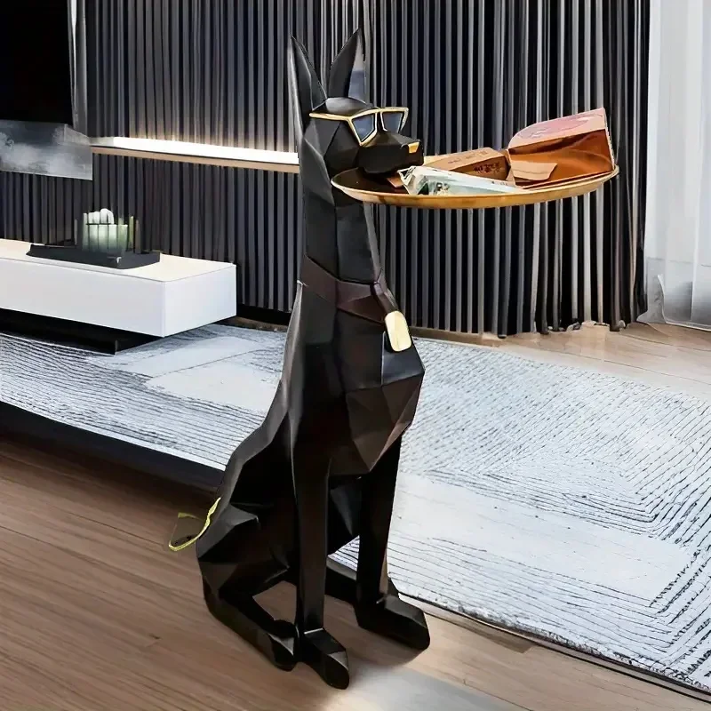 Resin Doberman Pinscher Statue Luxury Side Table with Storage Tray Modern DogSculpture Butler Figurine Living Room Interior Home