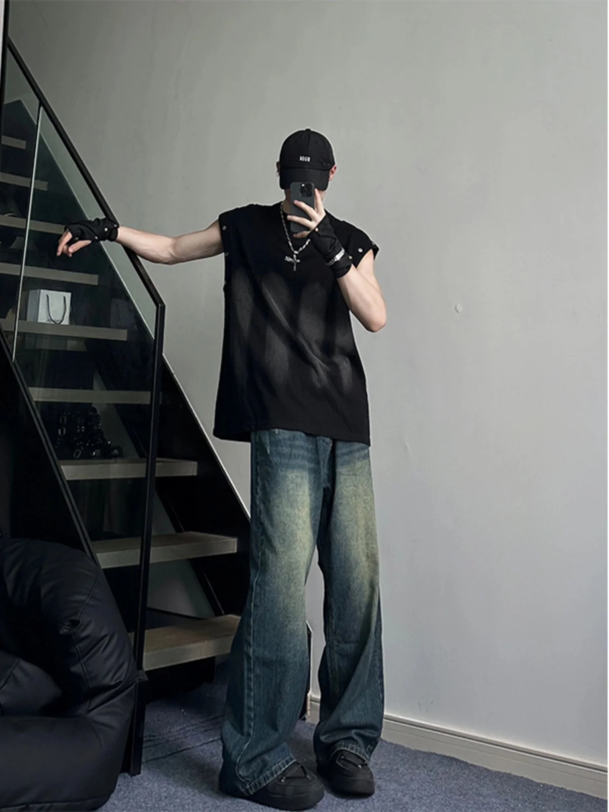 

Deep Blue American Retro Men's Jeans Summer High Waist Straight Leg Wide Leg Pants Tension Sexuali Vintage Waed Denim