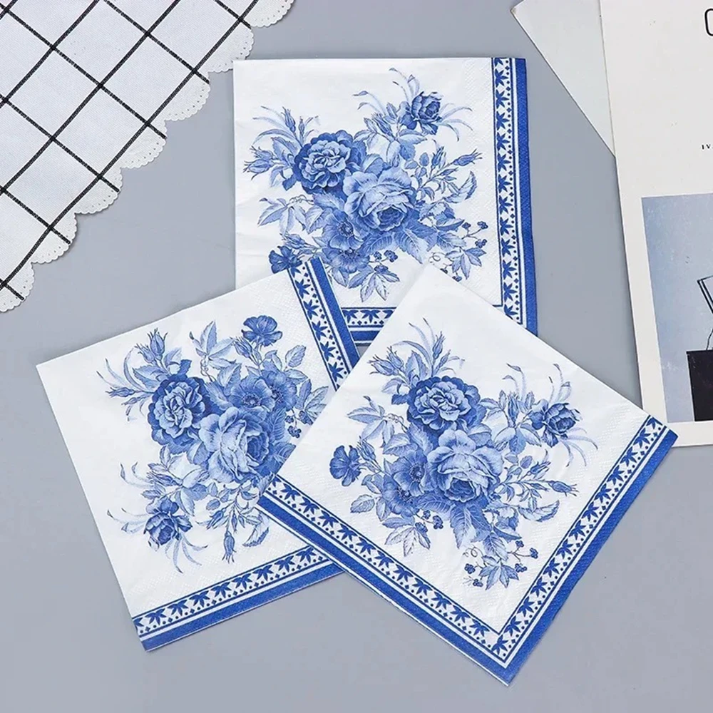 20 Stück/Beutel Einweg-Papierservietten Blau-Weiß Blumenmuster Dekorative Servietten für Party-Tischdekoration Hochzeit Brautparty – Detail 3